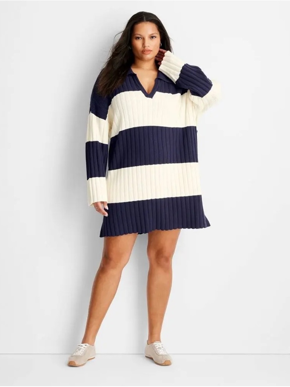 Striped Navy and Cream Ribbed Tunic Dress